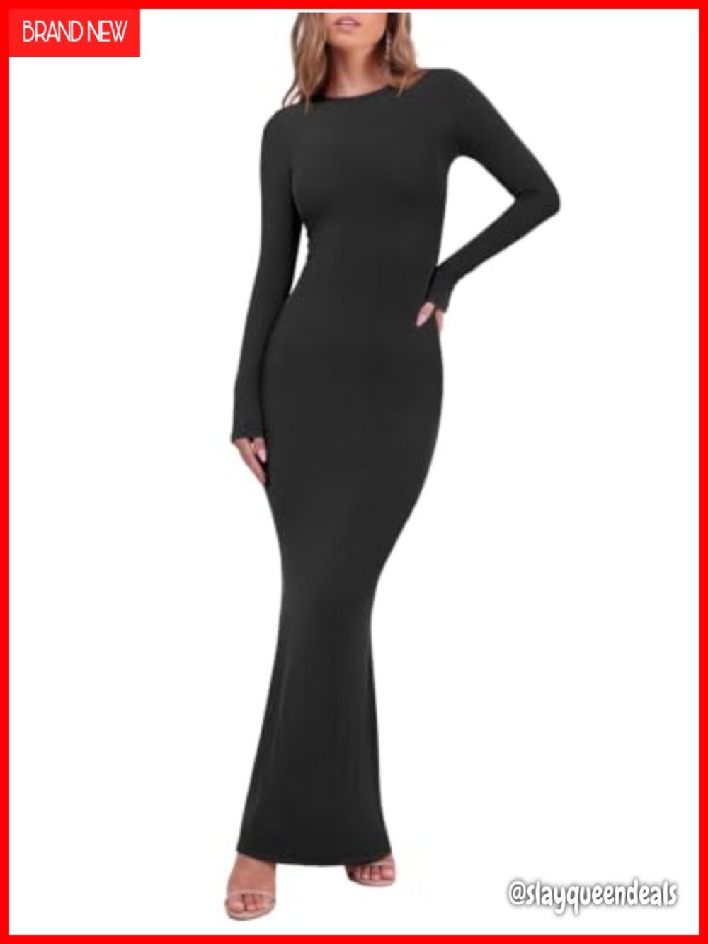 Women's Long Sleeve Ribbed Bodycon Maxi Dress Crew Neck Formal